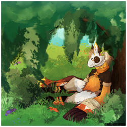 Scarfox sitting under willow tree, sleeping.