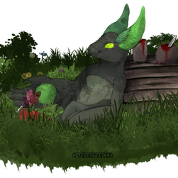 Creechie lays in the grass with a jar of strawberries.